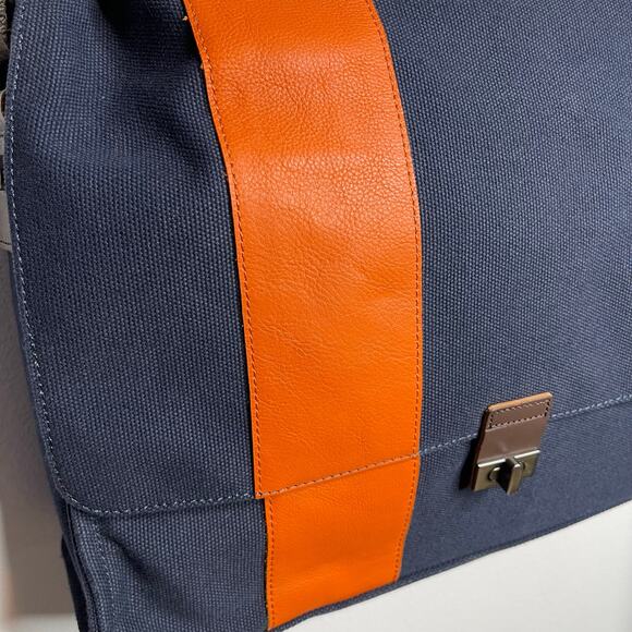 Pottery Barn Bradley Leather Canvas Messenger Laptop Bag Navy Orange - Picture 14 of 16